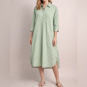XIRENA Green Striped Oversized Shirt Dress pockets XS Excellent Condition Cotton